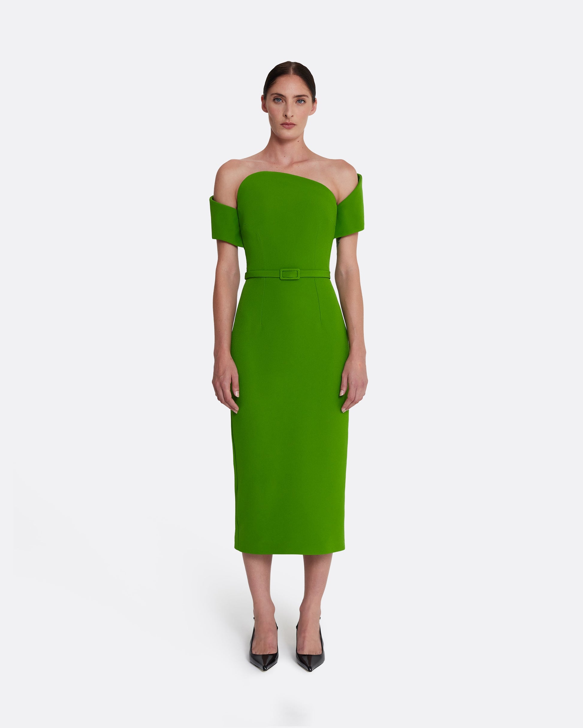 off shoulder midi dress with asymmetric neckline in VERDANT GREEN
