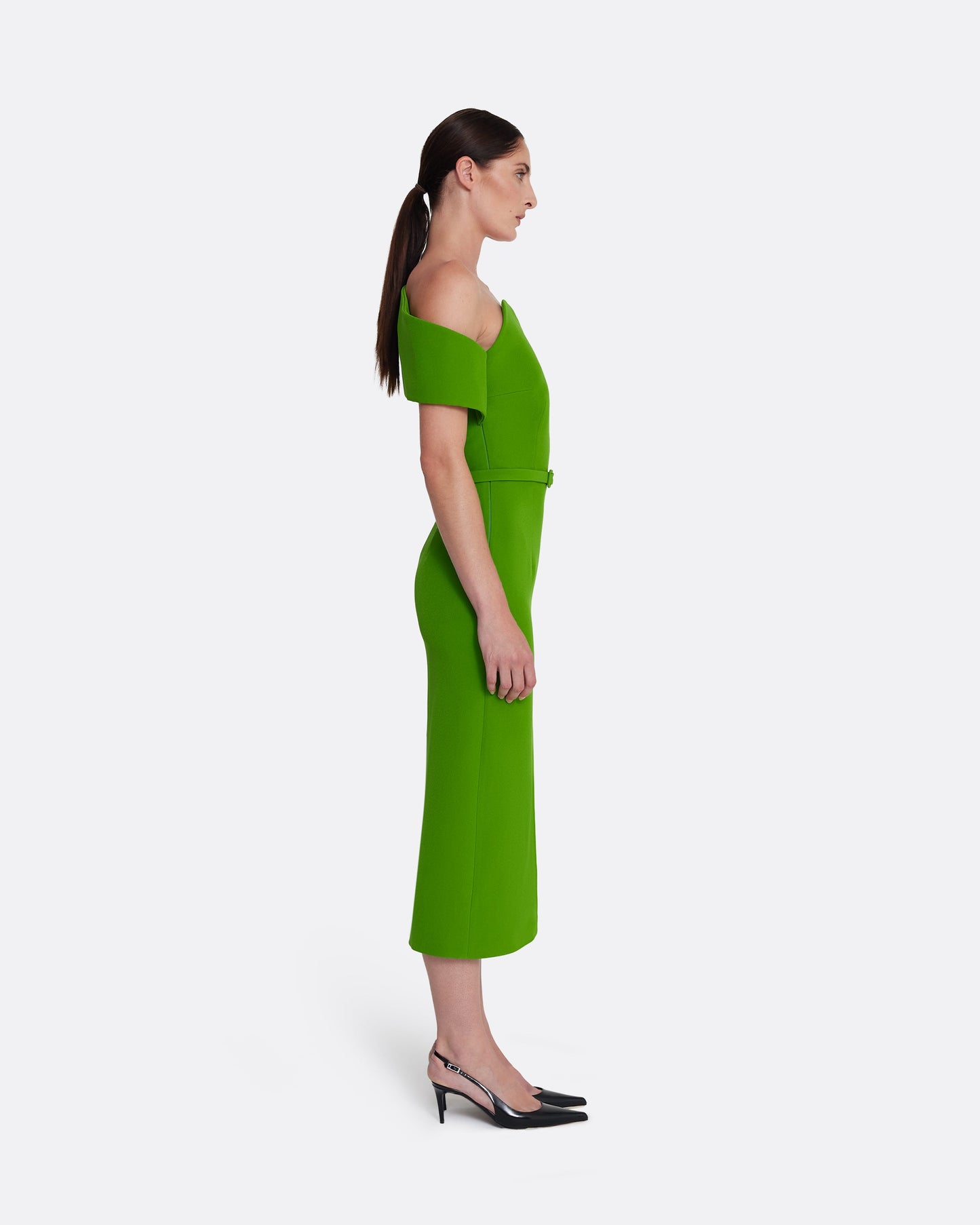 off shoulder midi dress with asymmetric neckline in VERDANT GREEN