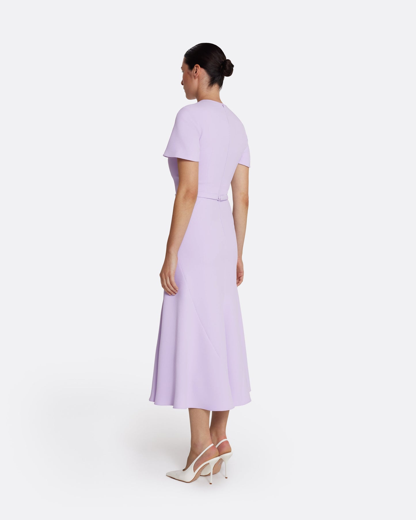 Short-sleeve, kick-flare midi dress in VERBENA WITH GOLD