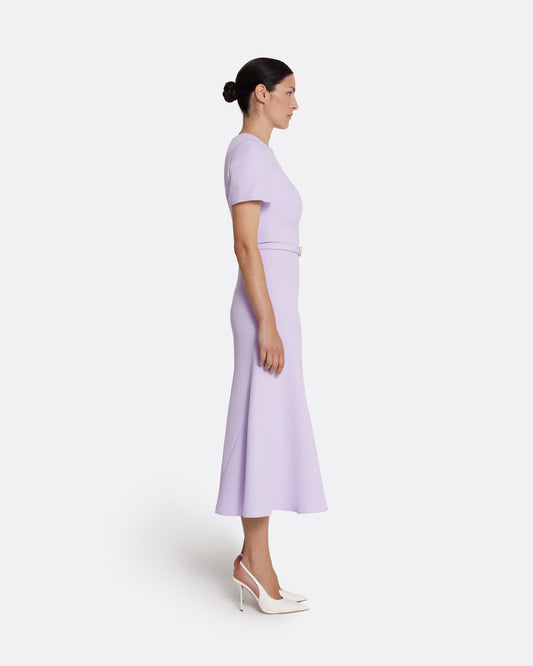 Short-sleeve, kick-flare midi dress in VERBENA WITH GOLD