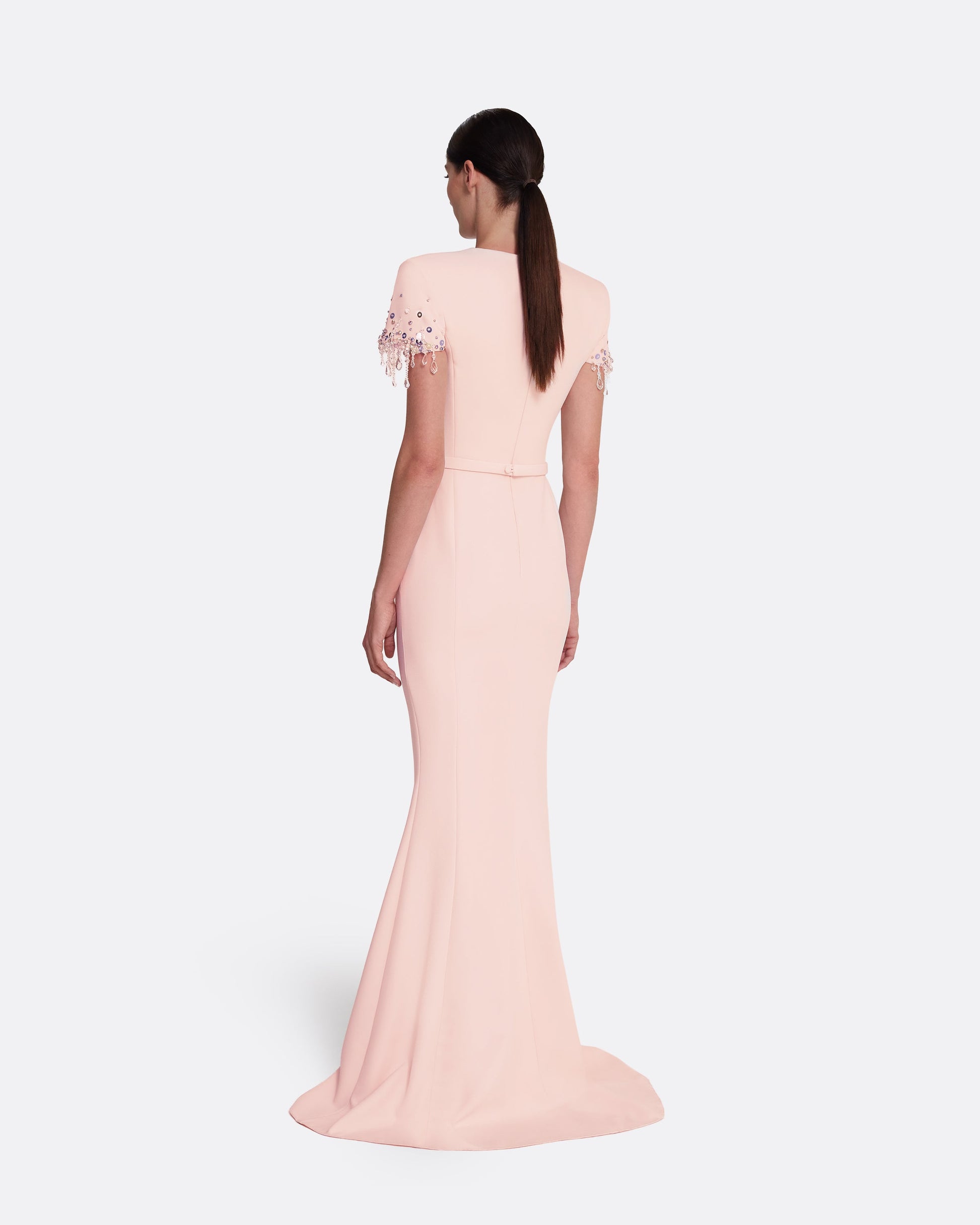 Crew neck gown with structured shoulders in PALE PINK WITH MULTI-PASTEL