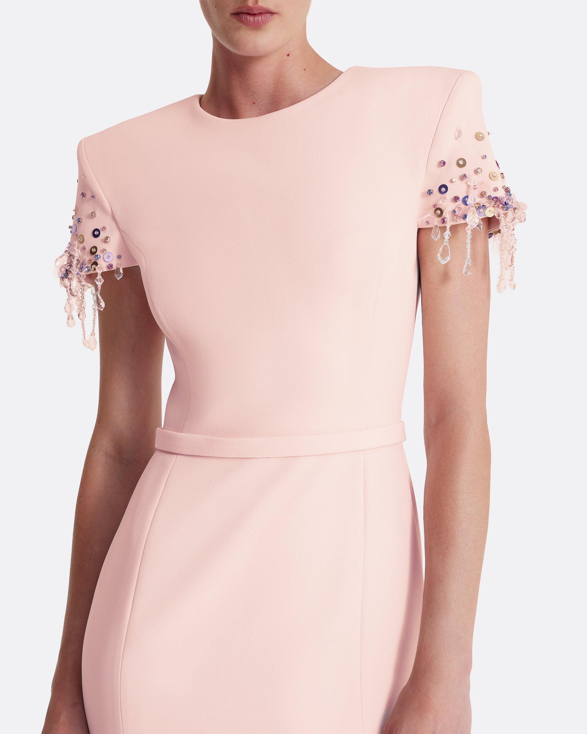 Crew neck gown with structured shoulders in PALE PINK WITH MULTI-PASTEL