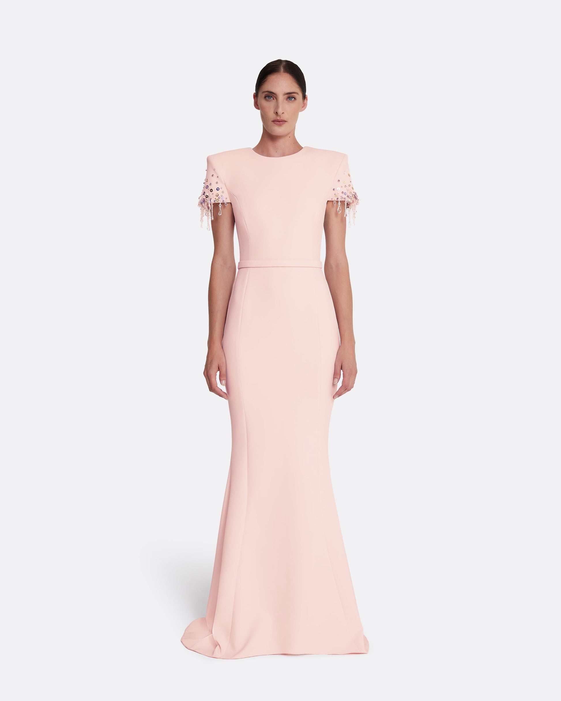 Crew neck gown with structured shoulders in PALE PINK WITH MULTI-PASTEL