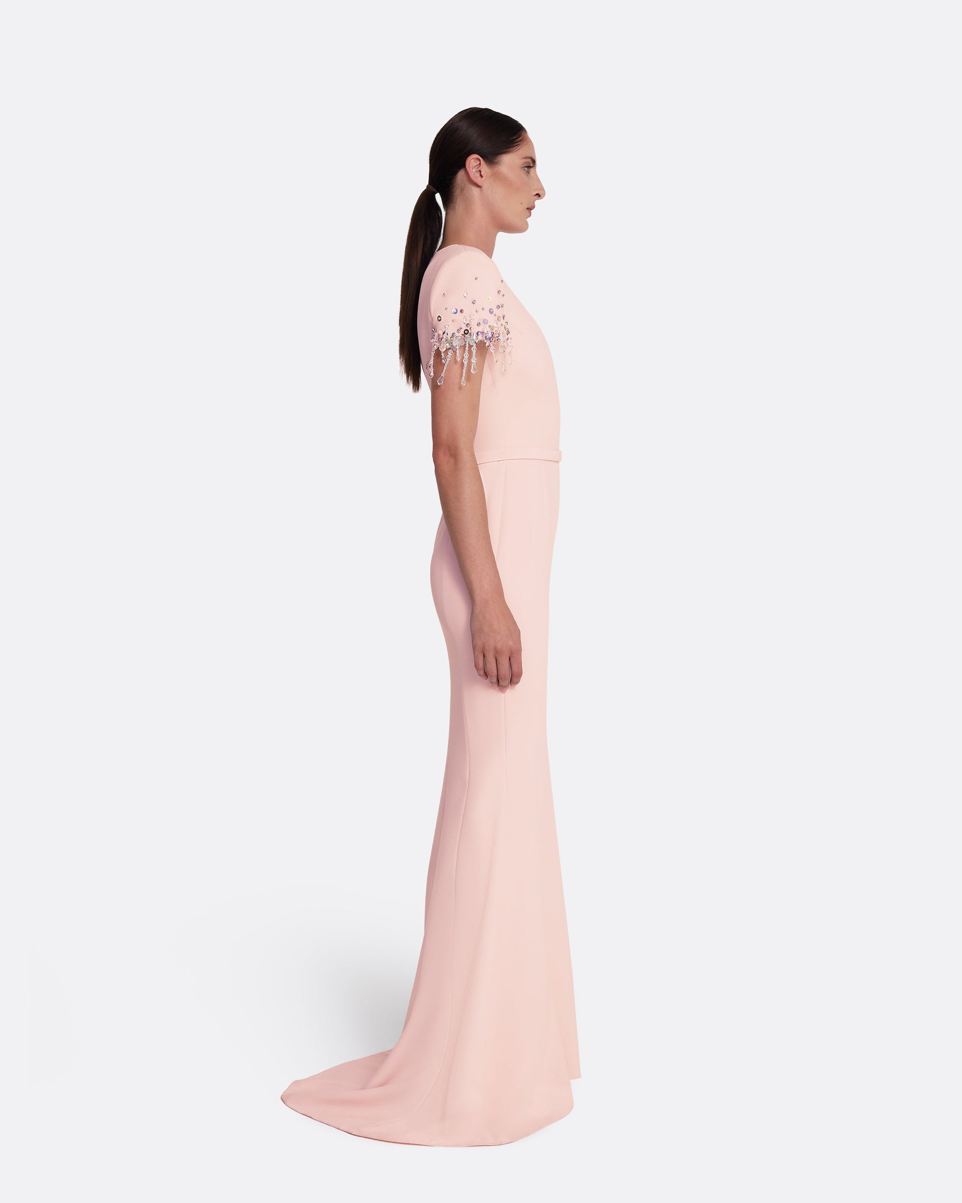 Crew neck gown with structured shoulders in PALE PINK WITH MULTI-PASTEL
