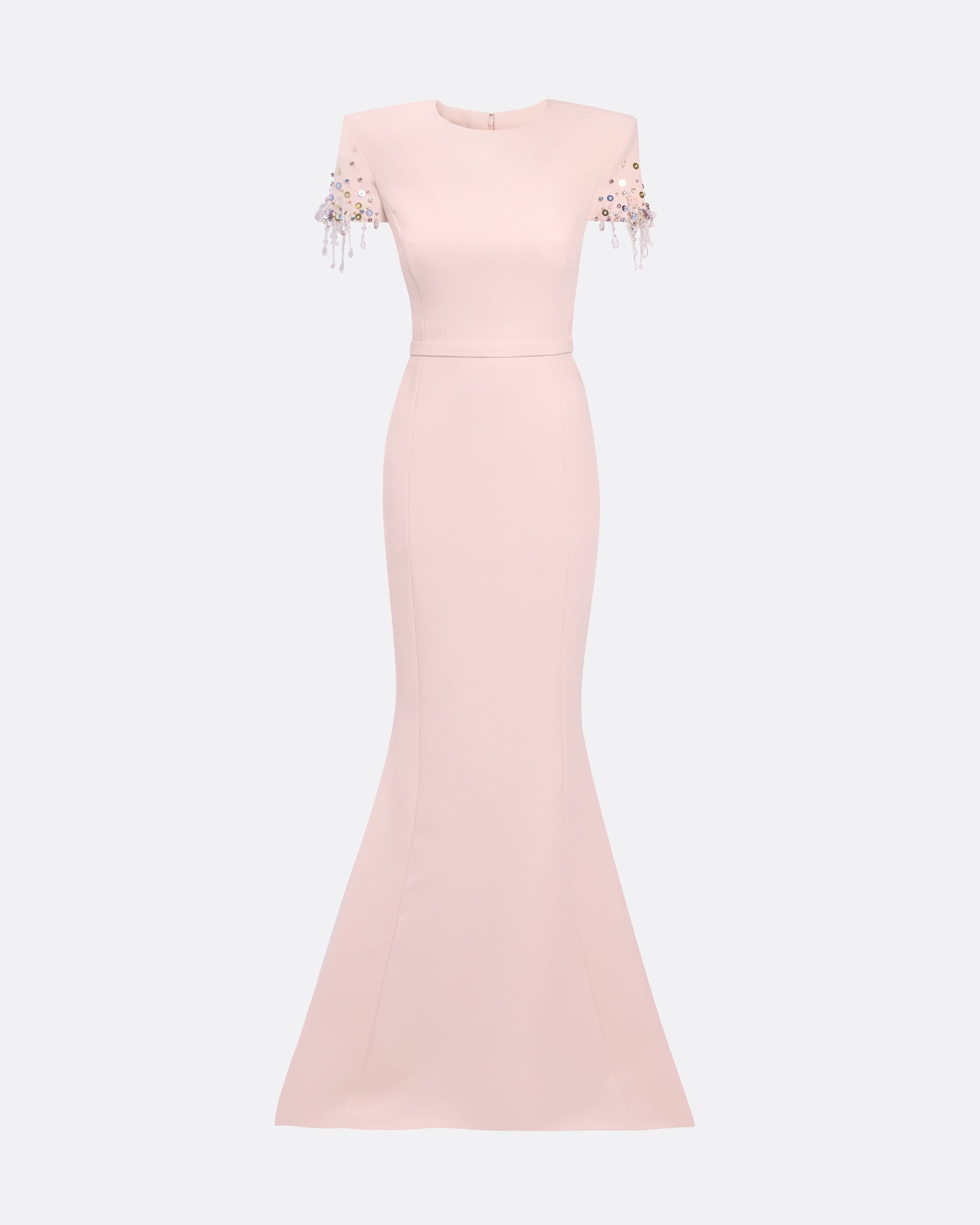 Crew neck gown with structured shoulders in PALE PINK WITH MULTI-PASTEL