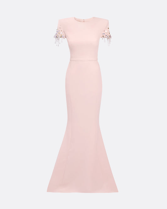 Crew neck gown with structured shoulders in PALE PINK WITH MULTI-PASTEL