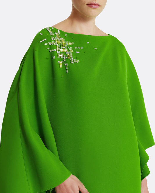 Flowing kaftan gown with asymmetric sleeves in VERDANT GREEN W MULTI-GREENS