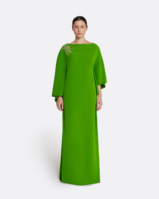 Flowing kaftan gown with asymmetric sleeves in VERDANT GREEN W MULTI-GREENS