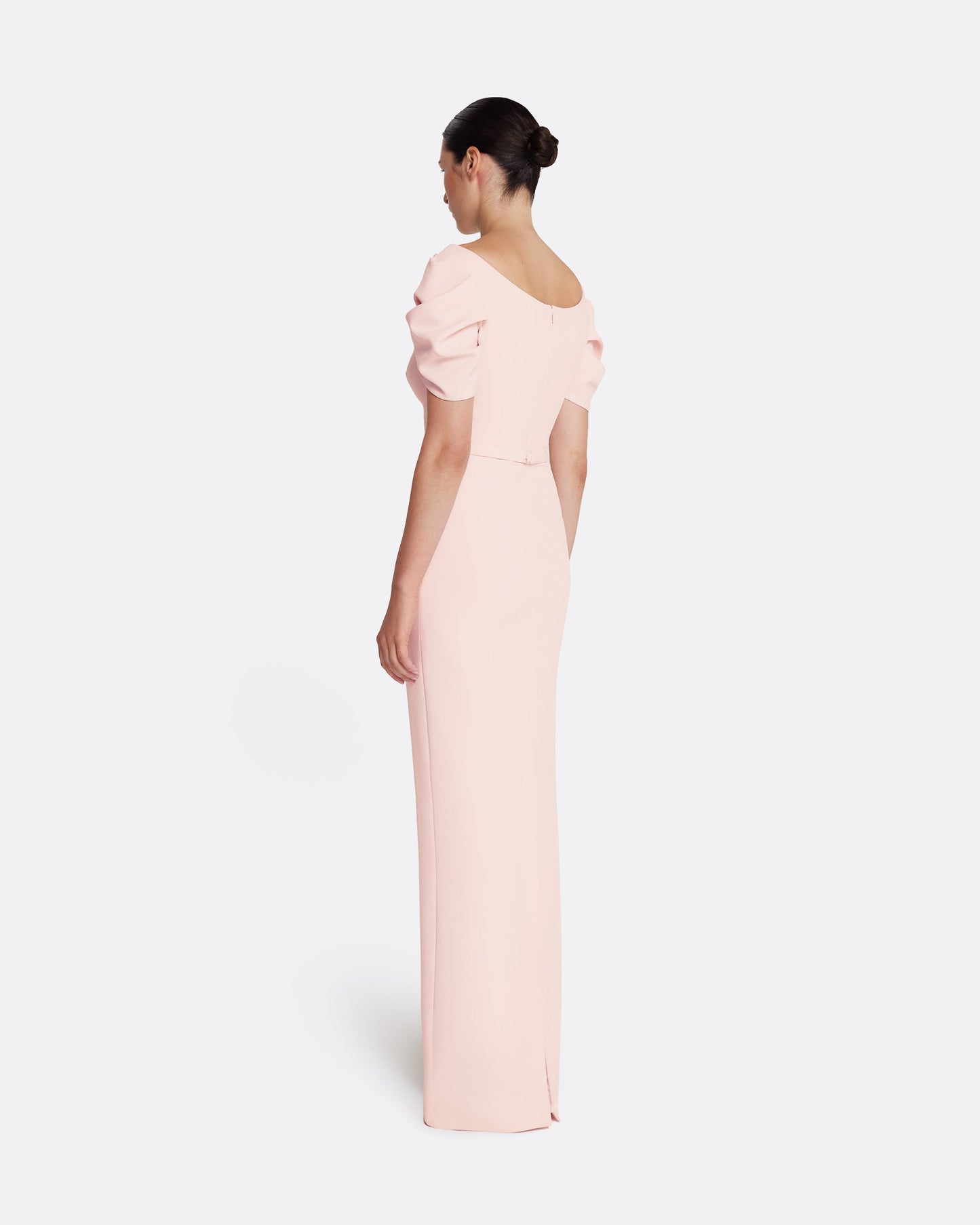 Column gown with sculptural draped sleeves in PALE PINK WITH GOLD