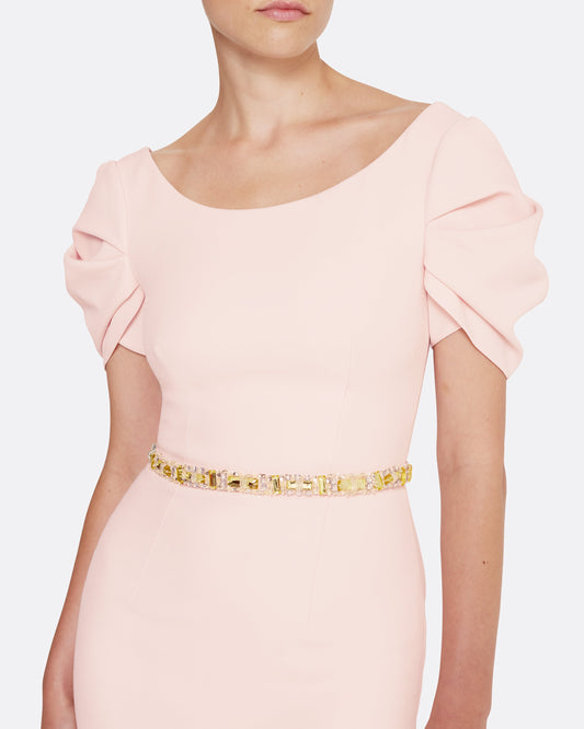 Column gown with sculptural draped sleeves in PALE PINK WITH GOLD