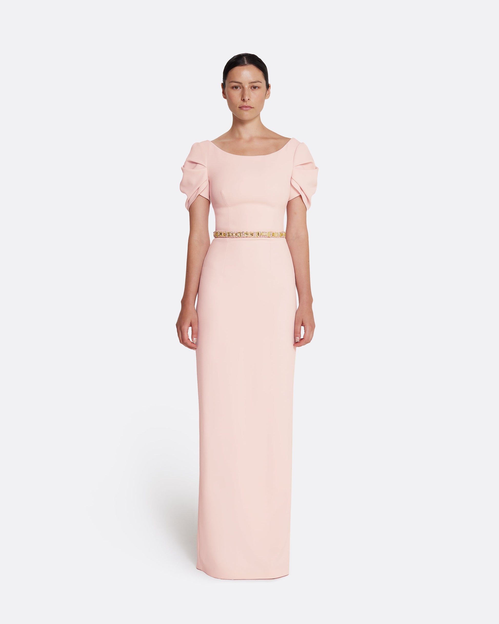 Column gown with sculptural draped sleeves in PALE PINK WITH GOLD