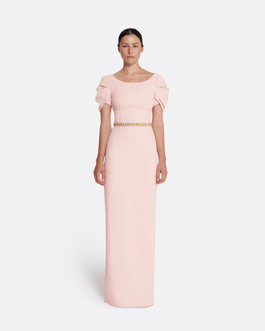 Column gown with sculptural draped sleeves in PALE PINK WITH GOLD