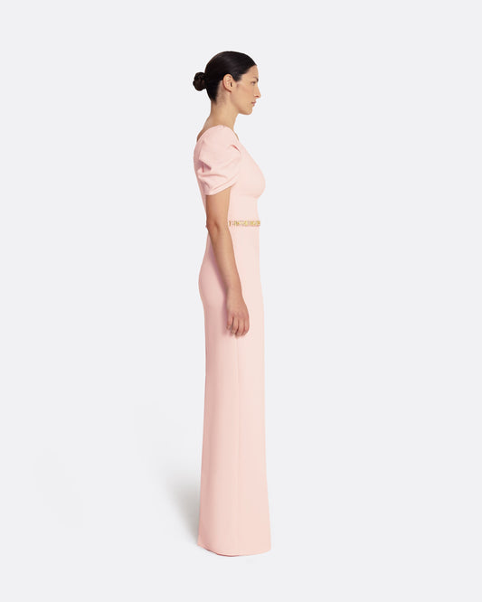 Column gown with sculptural draped sleeves in PALE PINK WITH GOLD