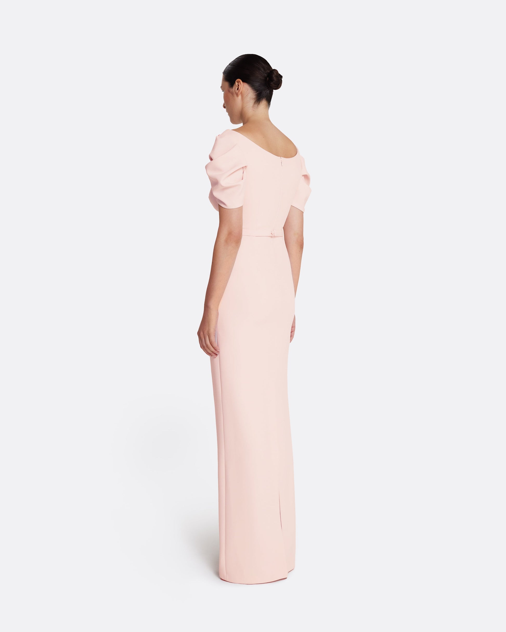 Column gown with sculptural draped sleeves in PALE PINK