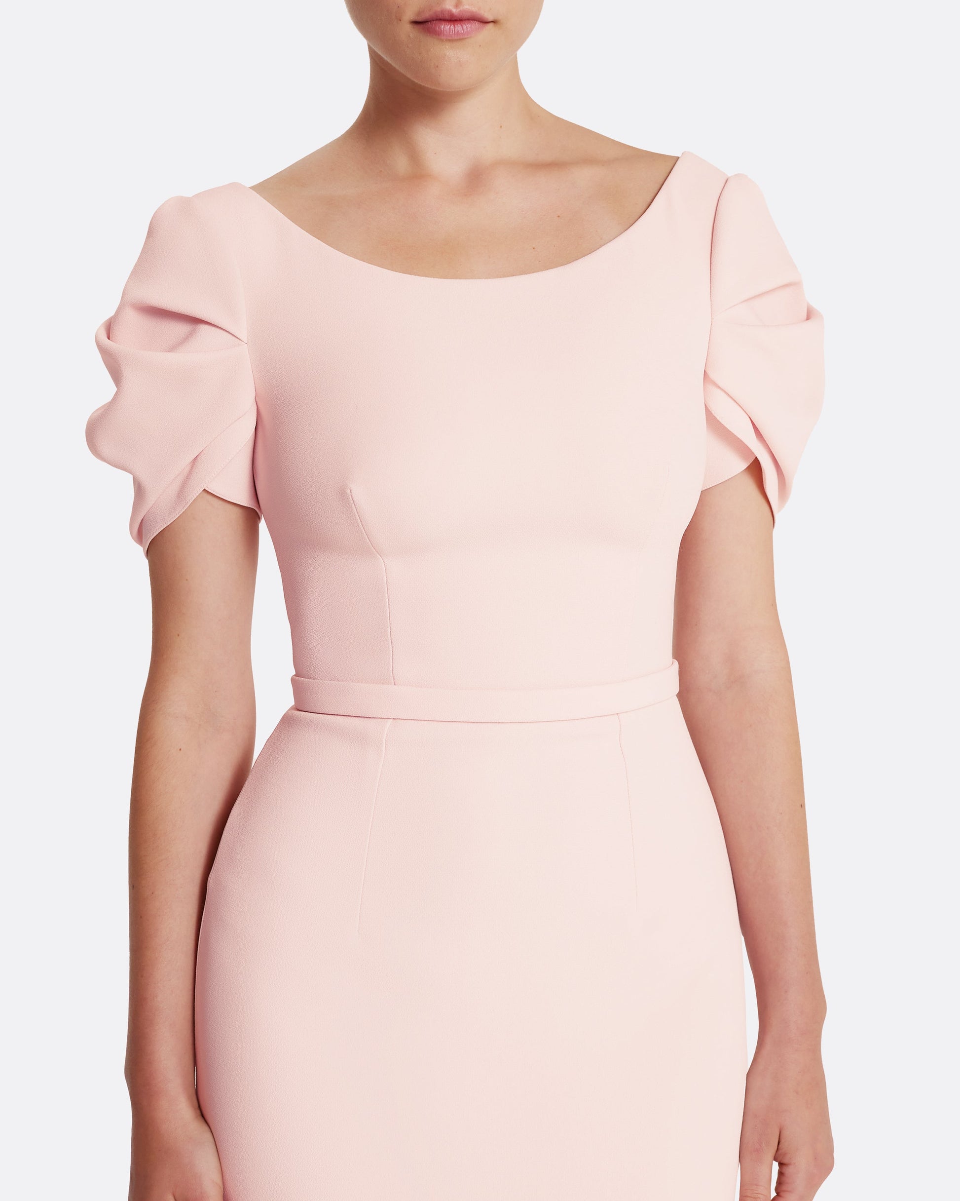 Column gown with sculptural draped sleeves in PALE PINK
