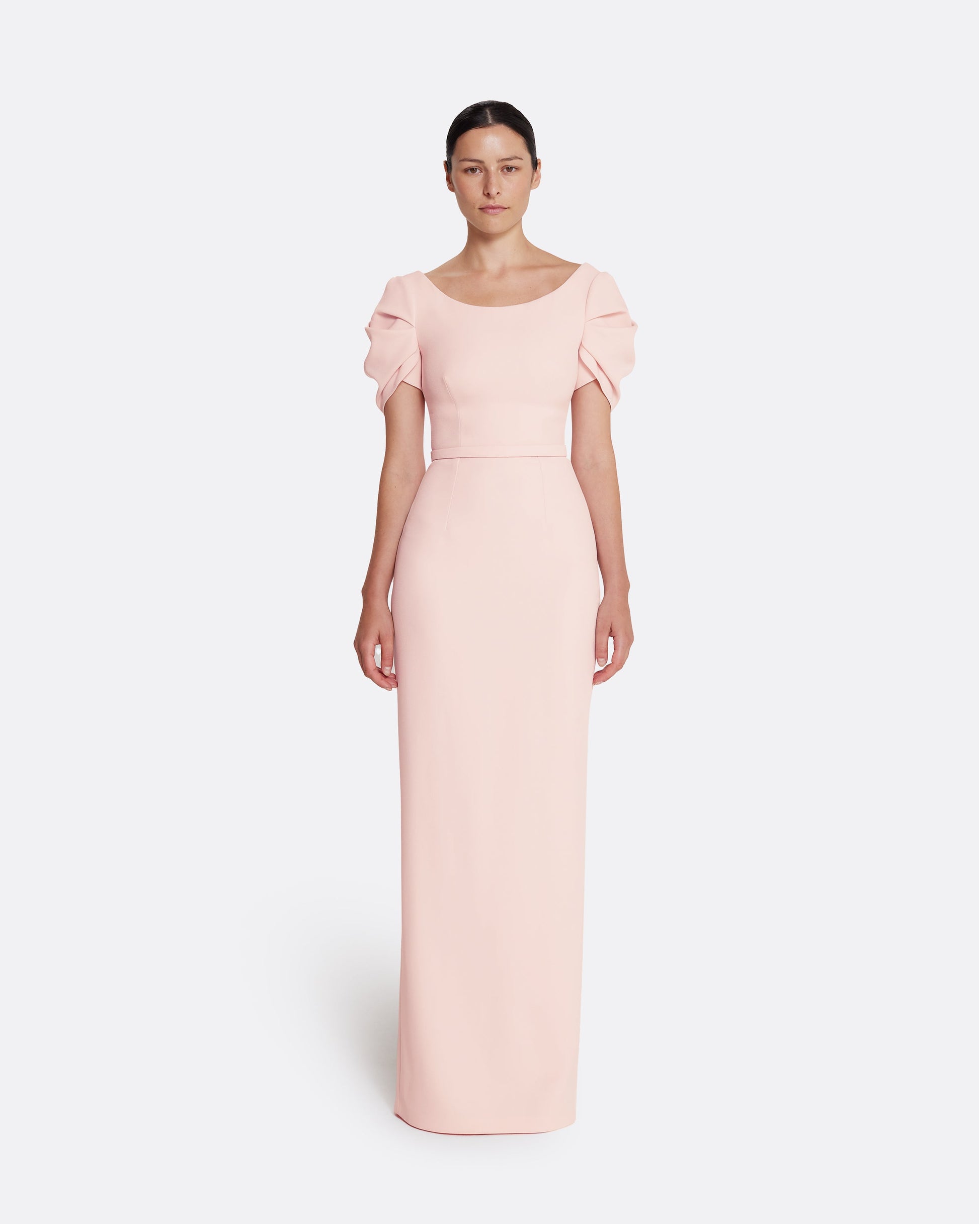 Column gown with sculptural draped sleeves in PALE PINK