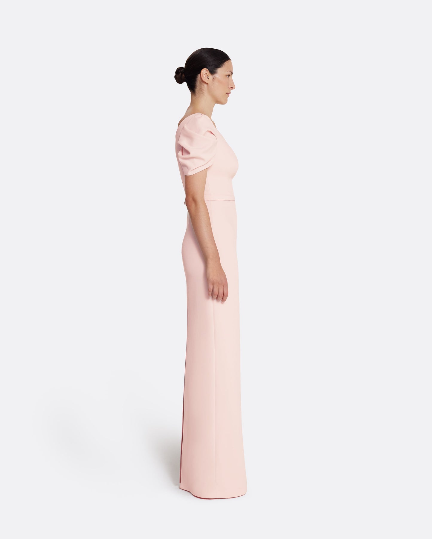 Column gown with sculptural draped sleeves in PALE PINK