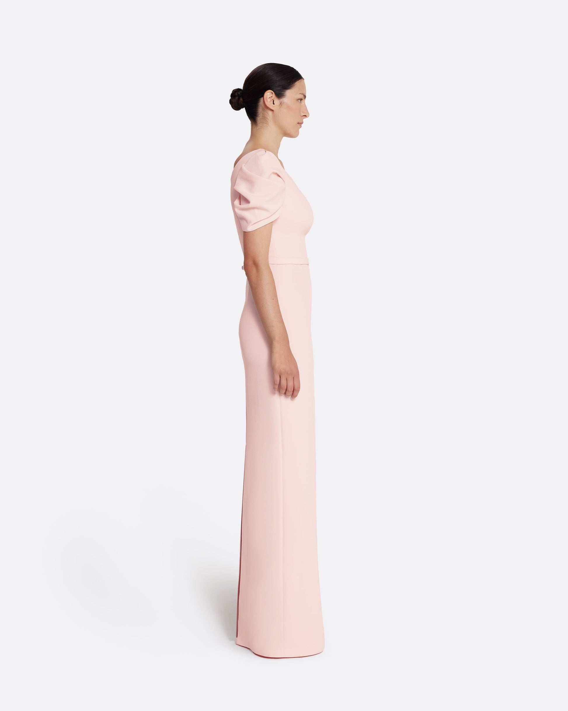Column gown with sculptural draped sleeves in PALE PINK