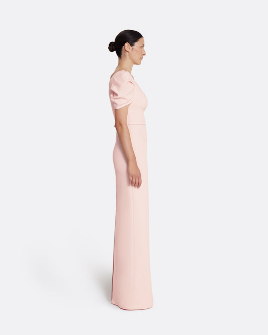 Column gown with sculptural draped sleeves in PALE PINK