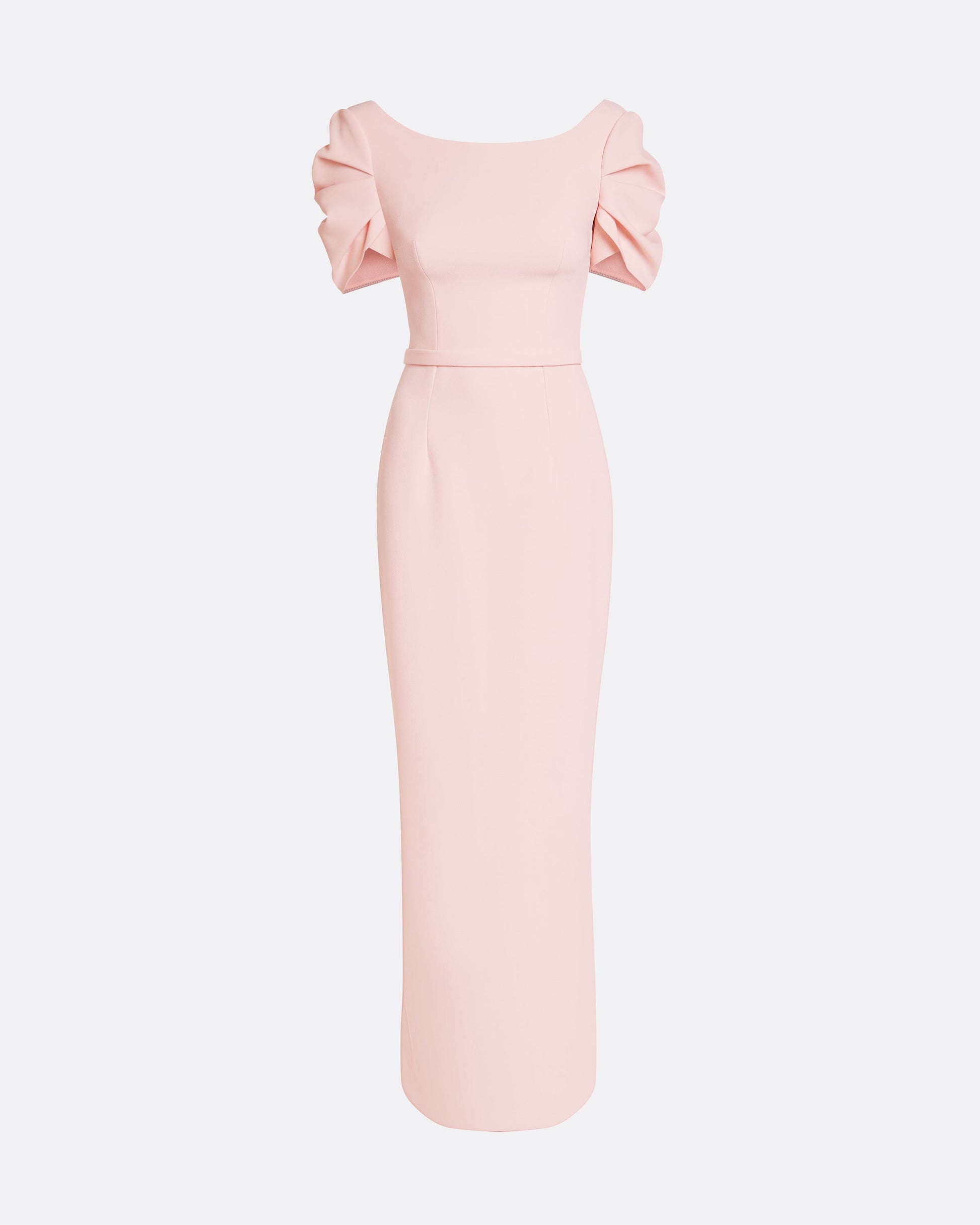 Column gown with sculptural draped sleeves in PALE PINK