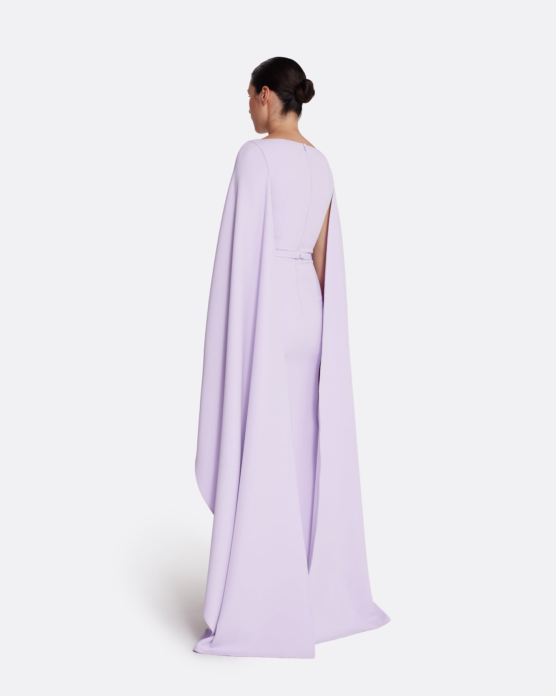 Column gown with cape sleeves in VERBENA WITH GOLD