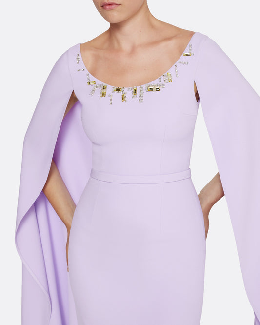 Column gown with cape sleeves in VERBENA WITH GOLD