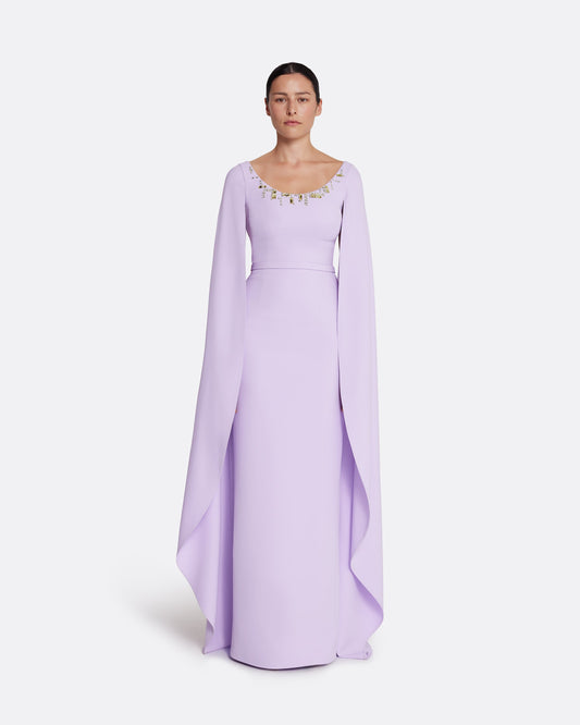 Column gown with cape sleeves in VERBENA WITH GOLD