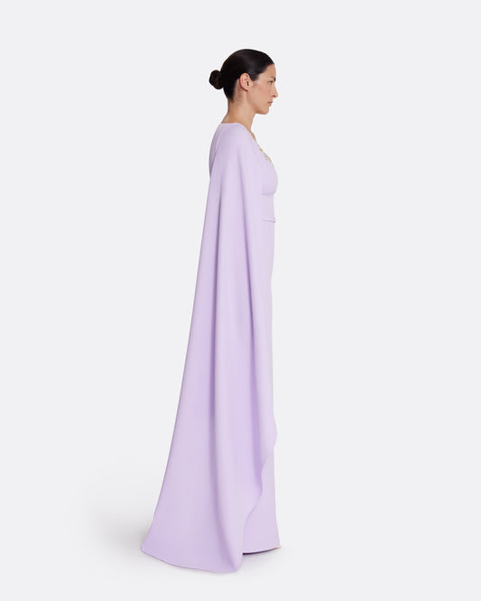 Column gown with cape sleeves in VERBENA WITH GOLD