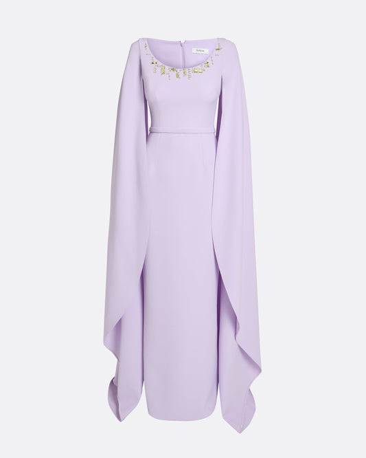 Column gown with cape sleeves in VERBENA WITH GOLD