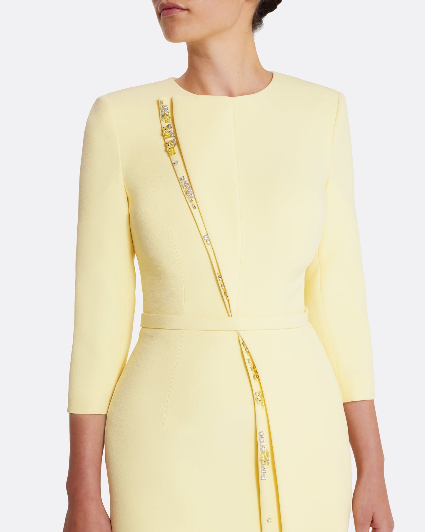 Long sleeve column gown with front detail  in PALE YELLOW WITH GOLD