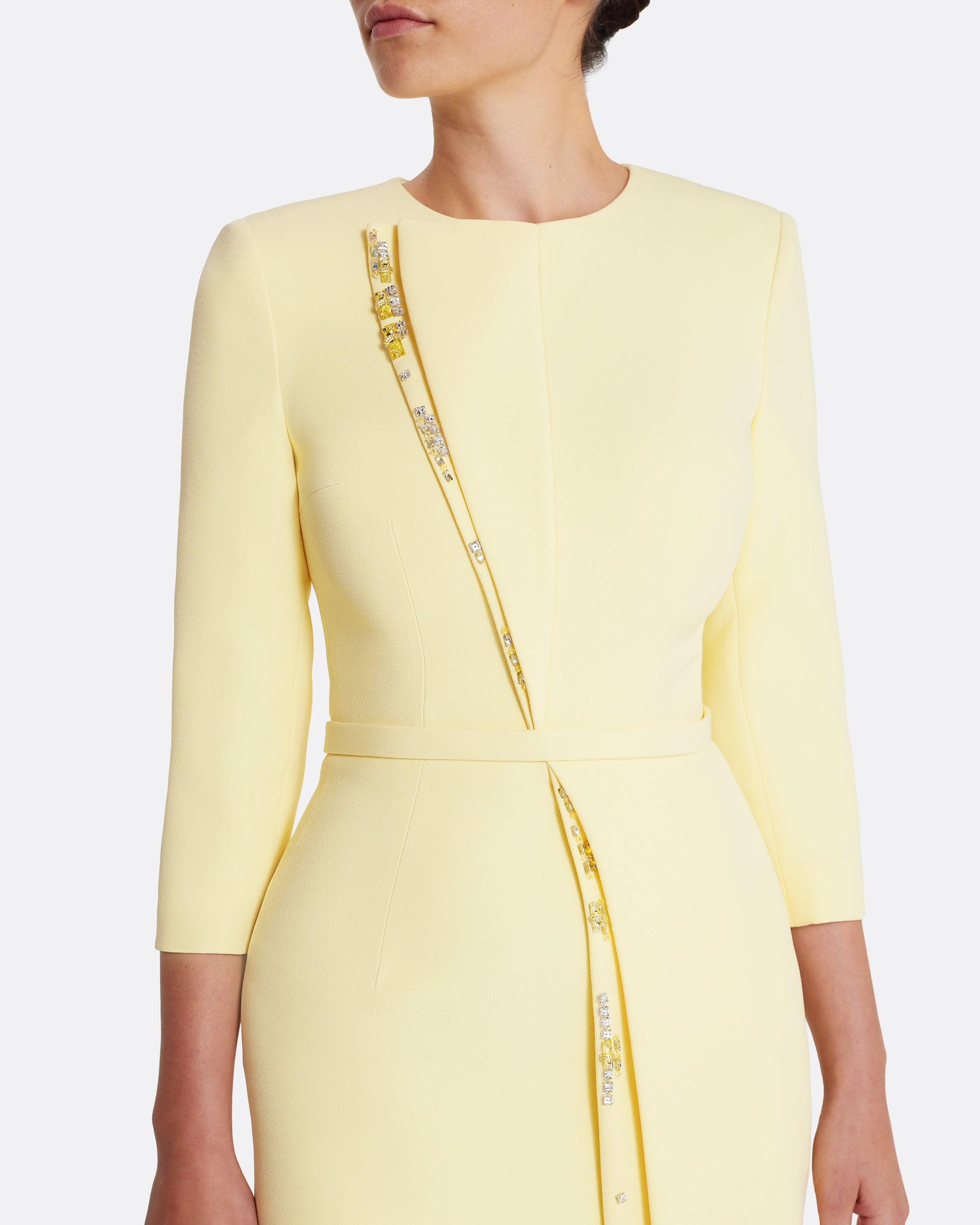 Long sleeve column gown with front detail  in PALE YELLOW WITH GOLD