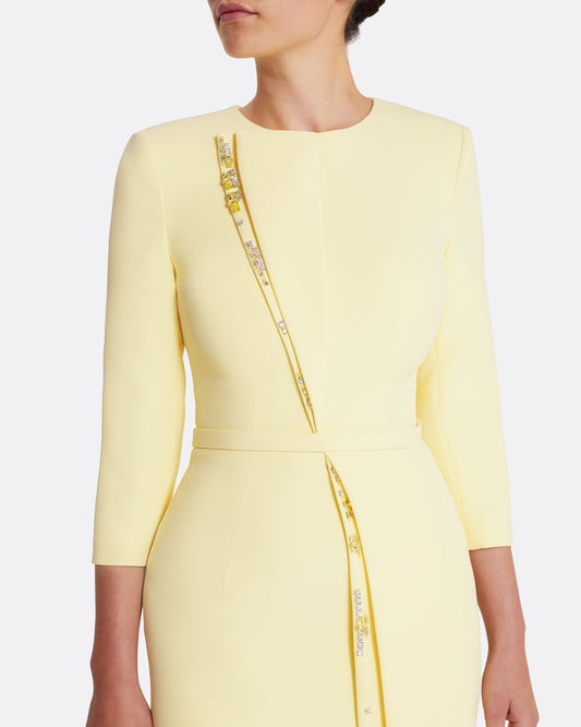 Long sleeve column gown with front detail  in PALE YELLOW WITH GOLD