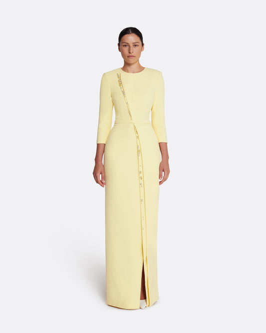 Long sleeve column gown with front detail  in PALE YELLOW WITH GOLD