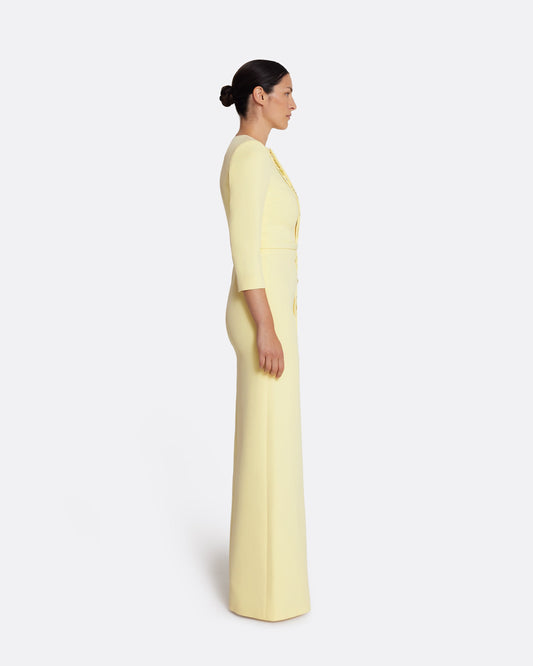 Long sleeve column gown with front detail  in PALE YELLOW WITH GOLD