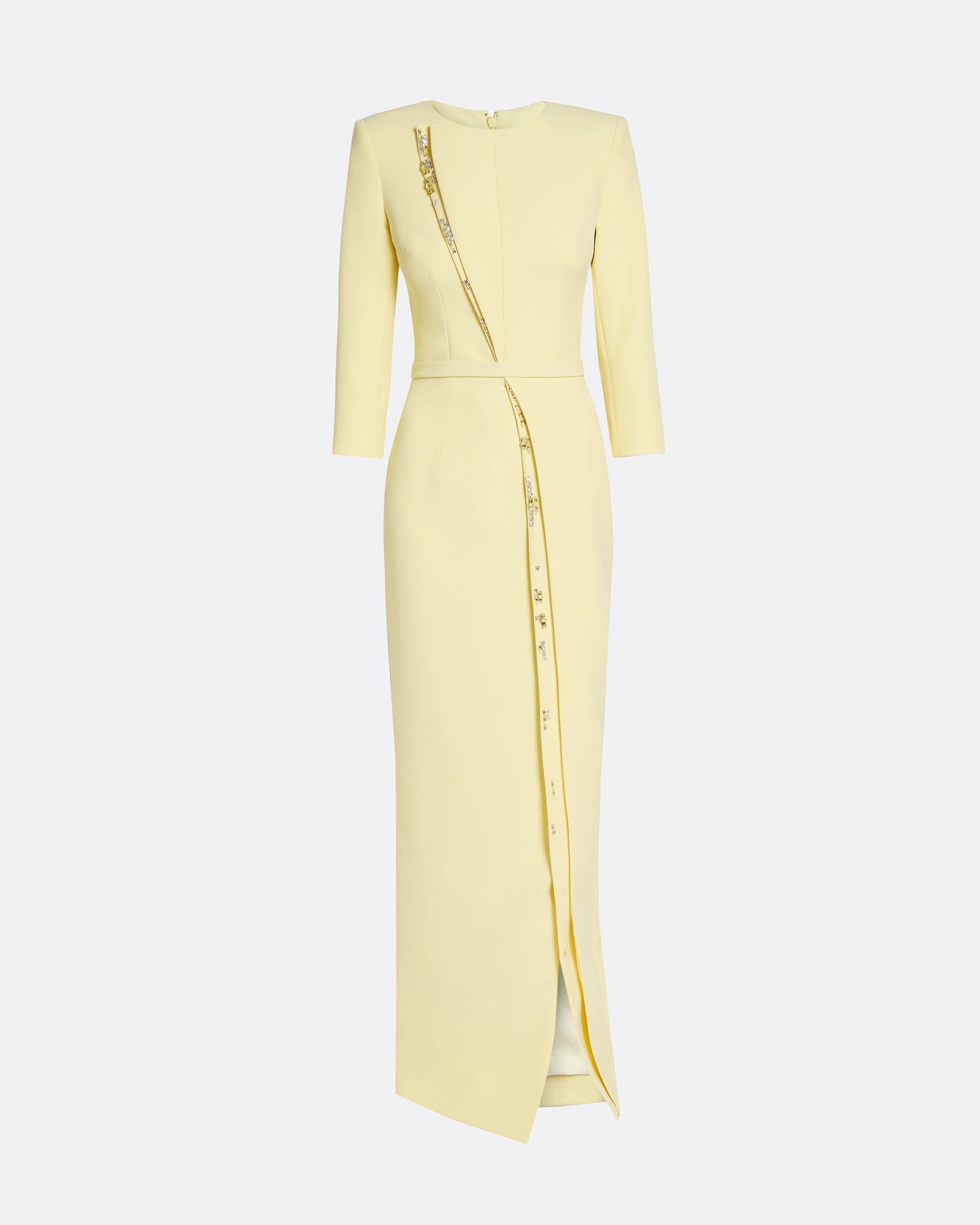 Long sleeve column gown with front detail  in PALE YELLOW WITH GOLD