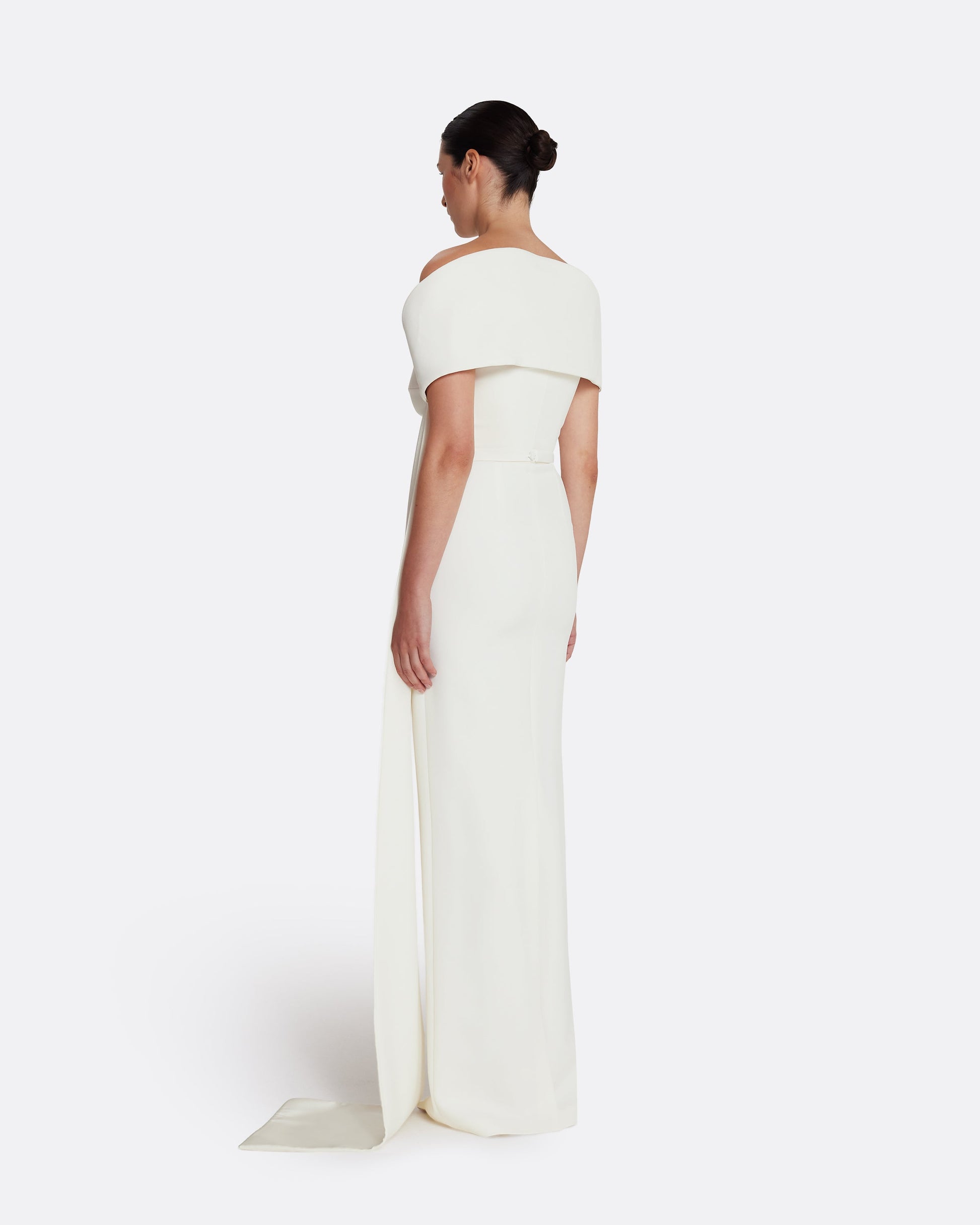 Column gown with asymmetric bustier & sash detail in IVORY WITH GOLD