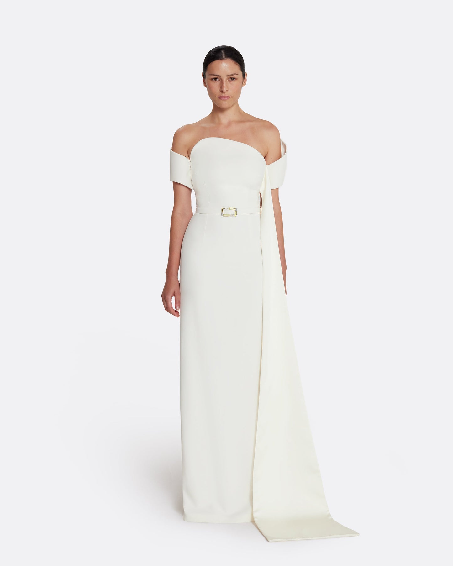 Column gown with asymmetric bustier & sash detail in IVORY WITH GOLD