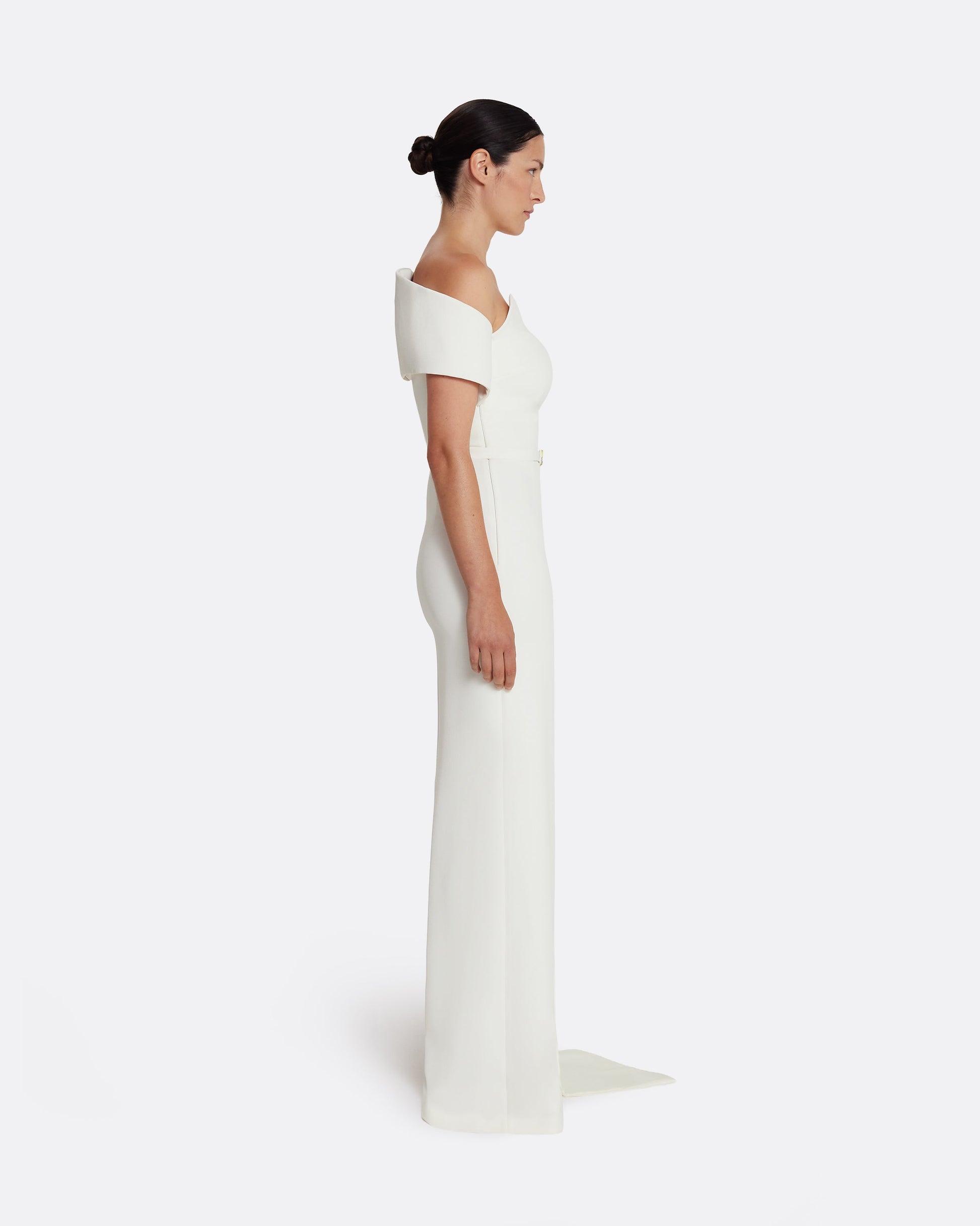 Column gown with asymmetric bustier & sash detail in IVORY WITH GOLD