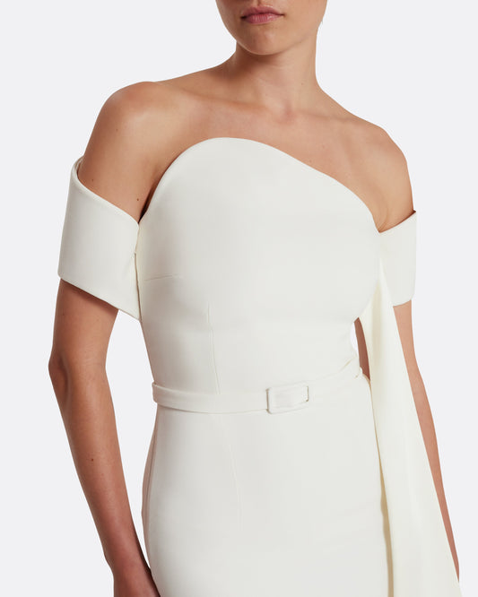 Column gown with asymmetric bustier & sash detail  in IVORY