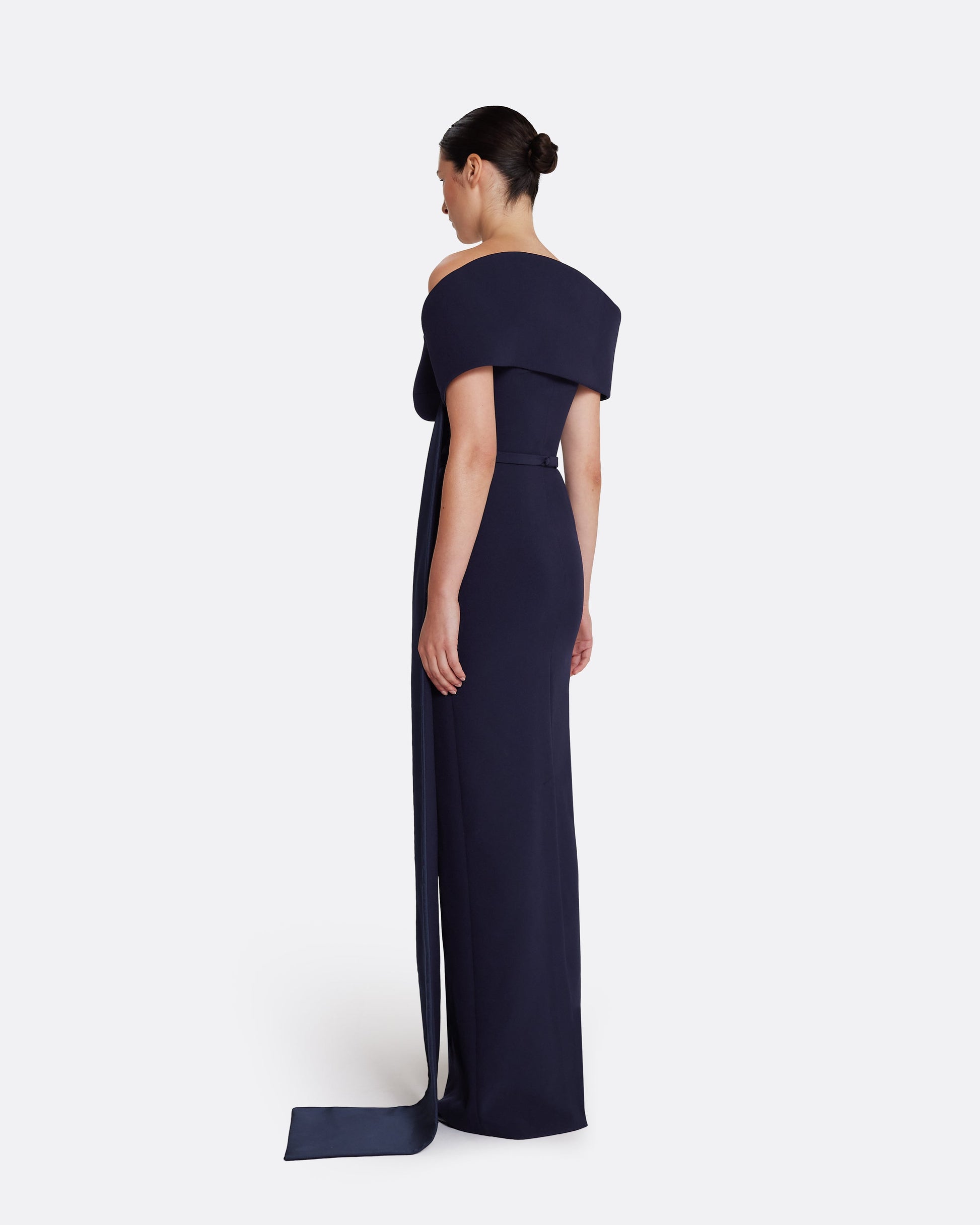Column gown with asymmetric bustier & sash detail  in INK BLUE ON AZURITE