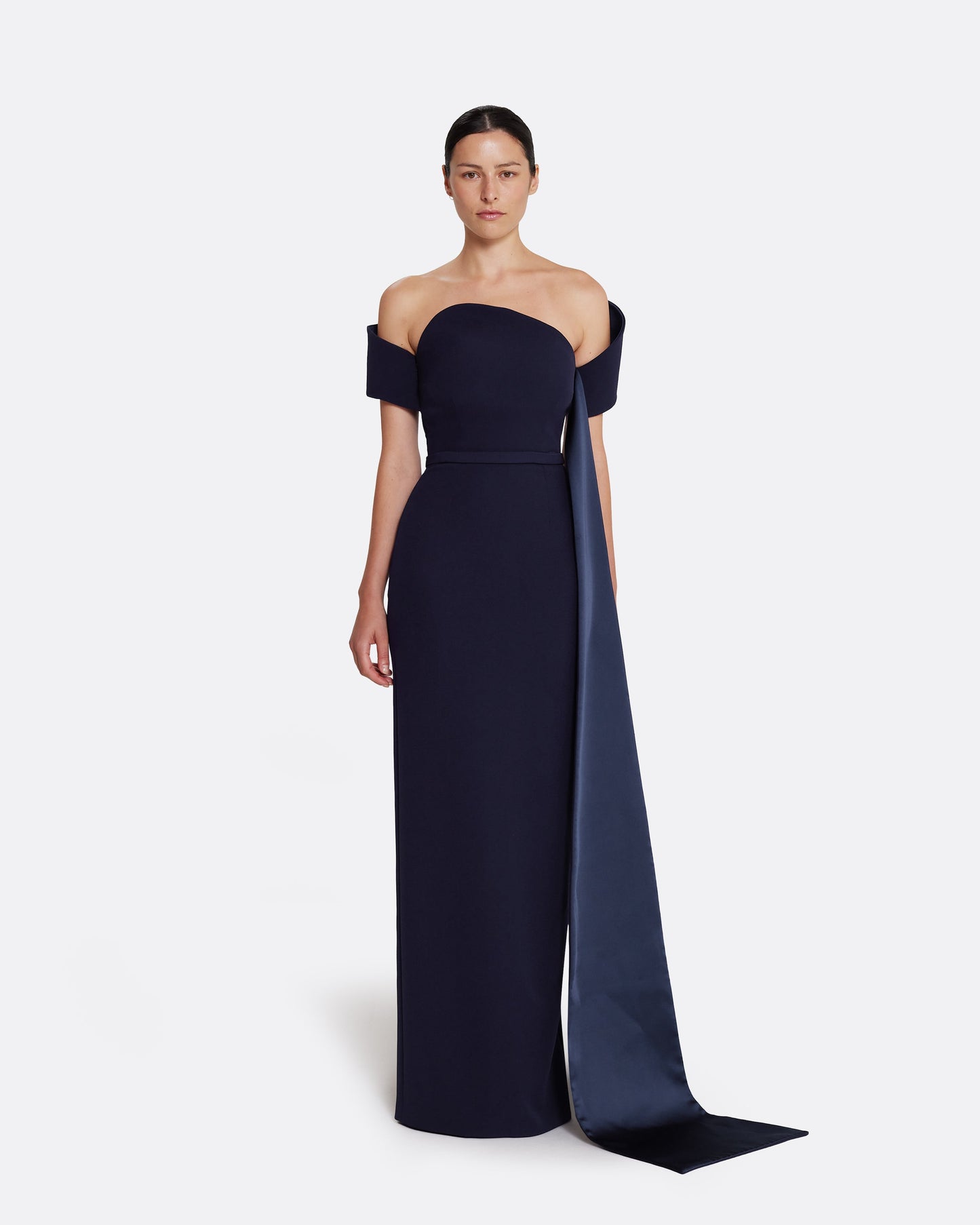 Column gown with asymmetric bustier & sash detail  in INK BLUE ON AZURITE