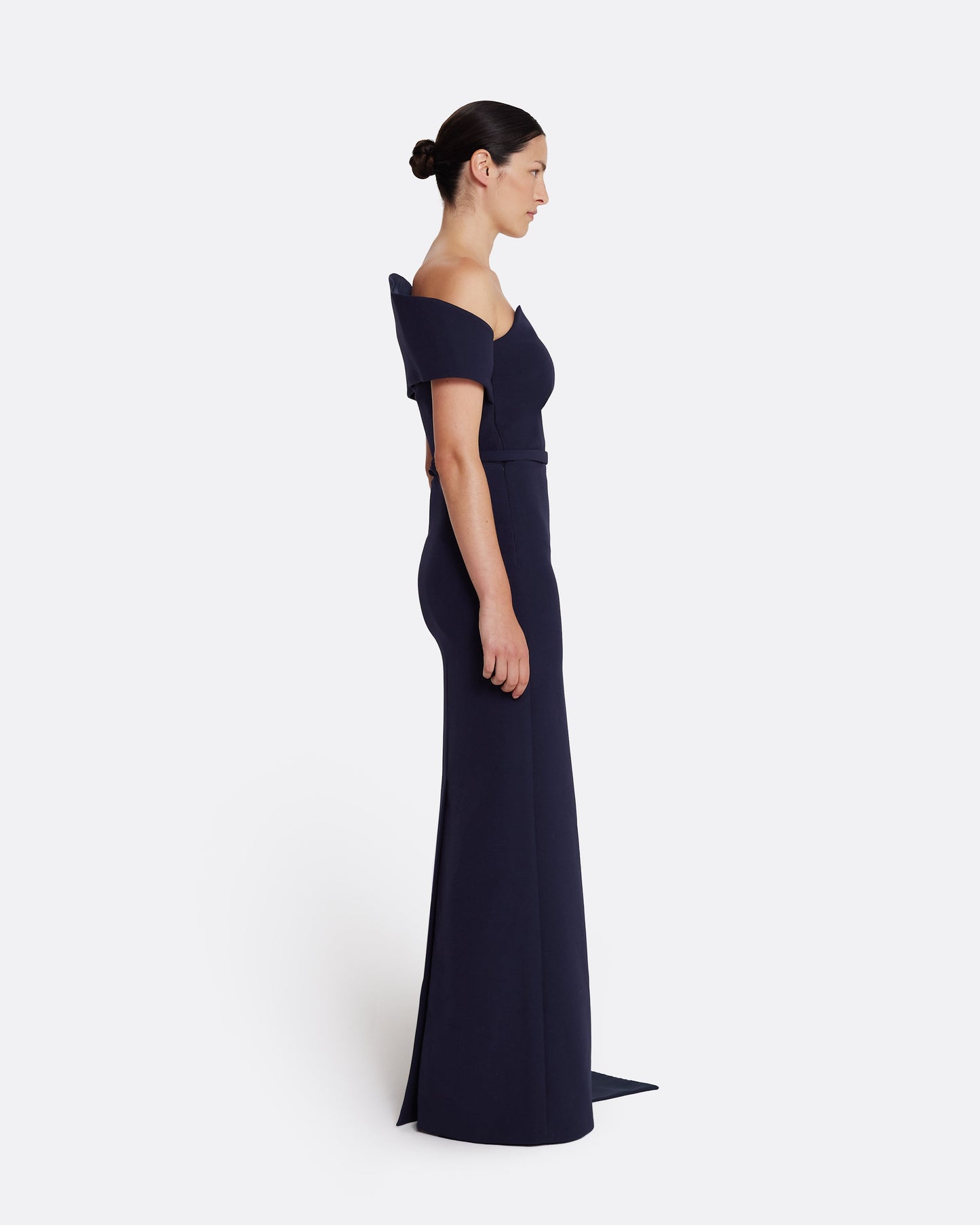 Column gown with asymmetric bustier & sash detail  in INK BLUE ON AZURITE