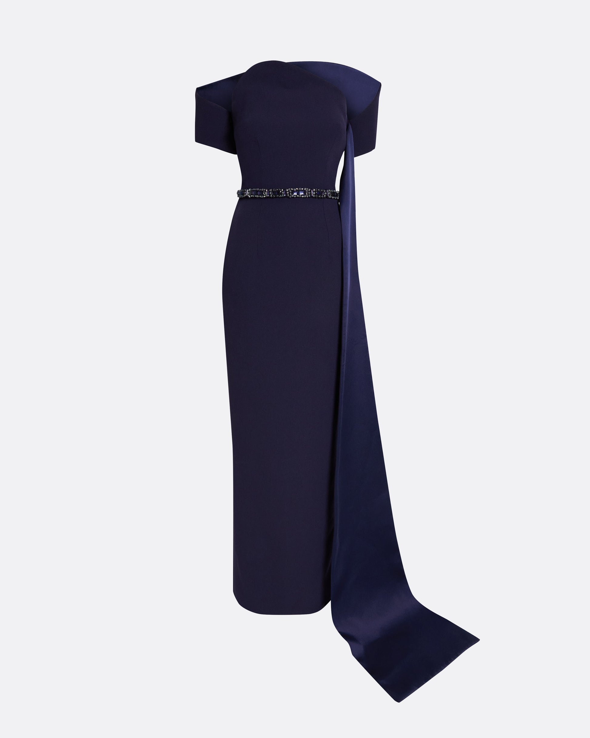 Column gown with asymmetric bustier & sash detail in INK BLUE ON AZURITE W M-BLUES
