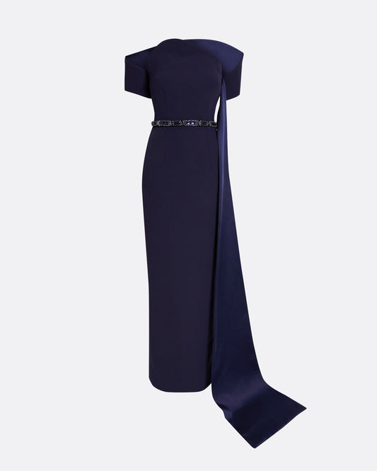 Column gown with asymmetric bustier & sash detail in INK BLUE ON AZURITE W M-BLUES