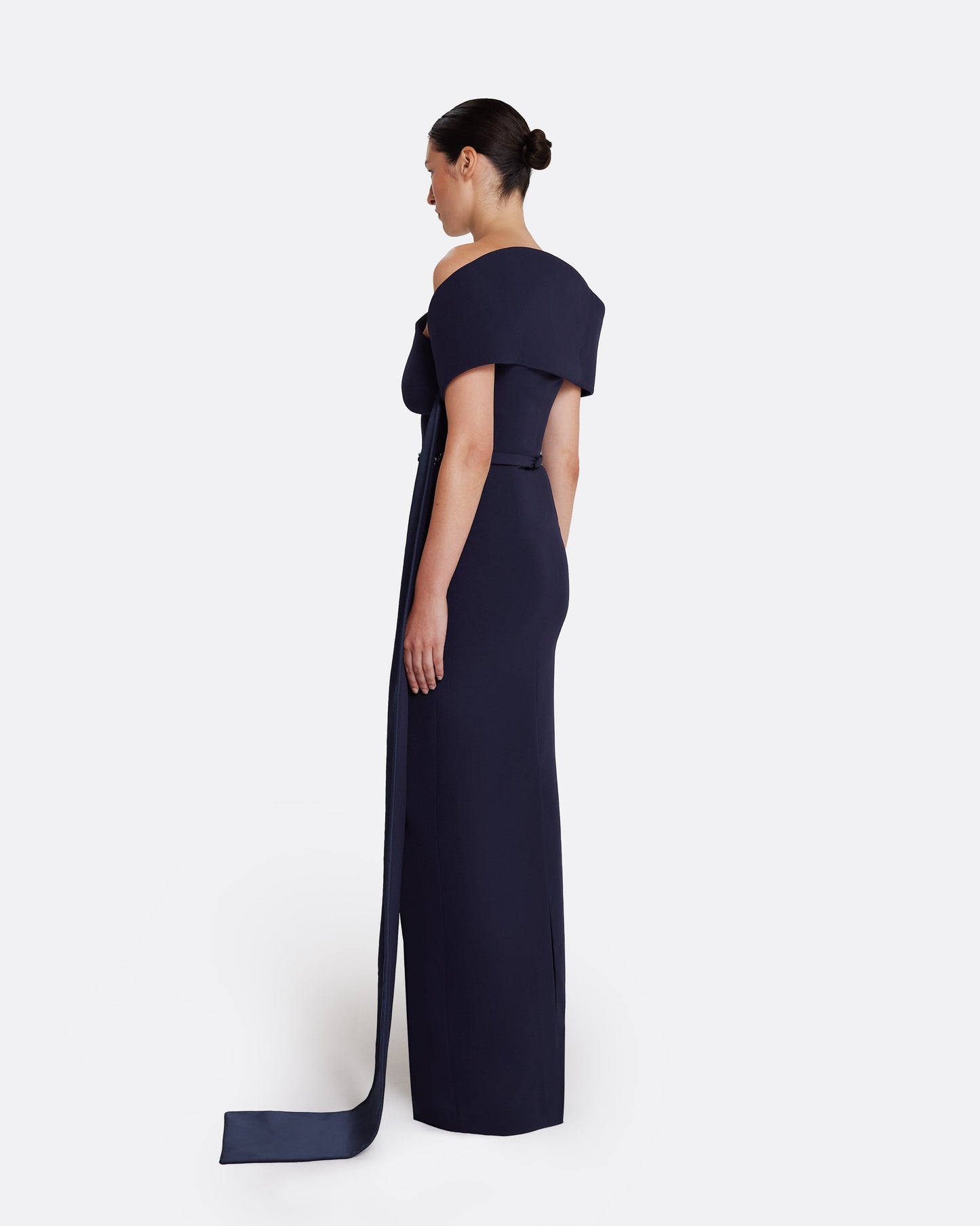 Column gown with asymmetric bustier & sash detail in INK BLUE ON AZURITE W M-BLUES