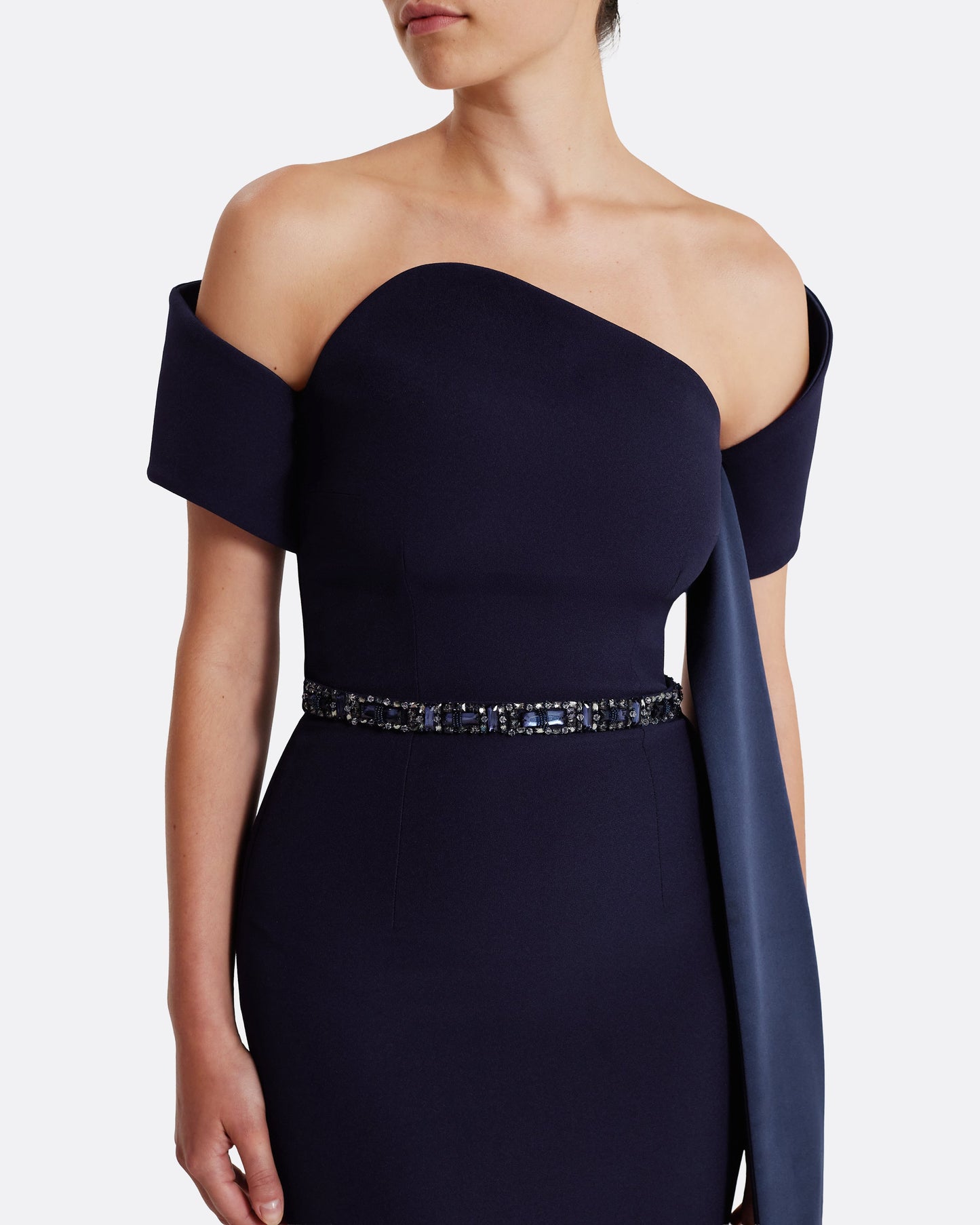 Column gown with asymmetric bustier & sash detail in INK BLUE ON AZURITE W M-BLUES