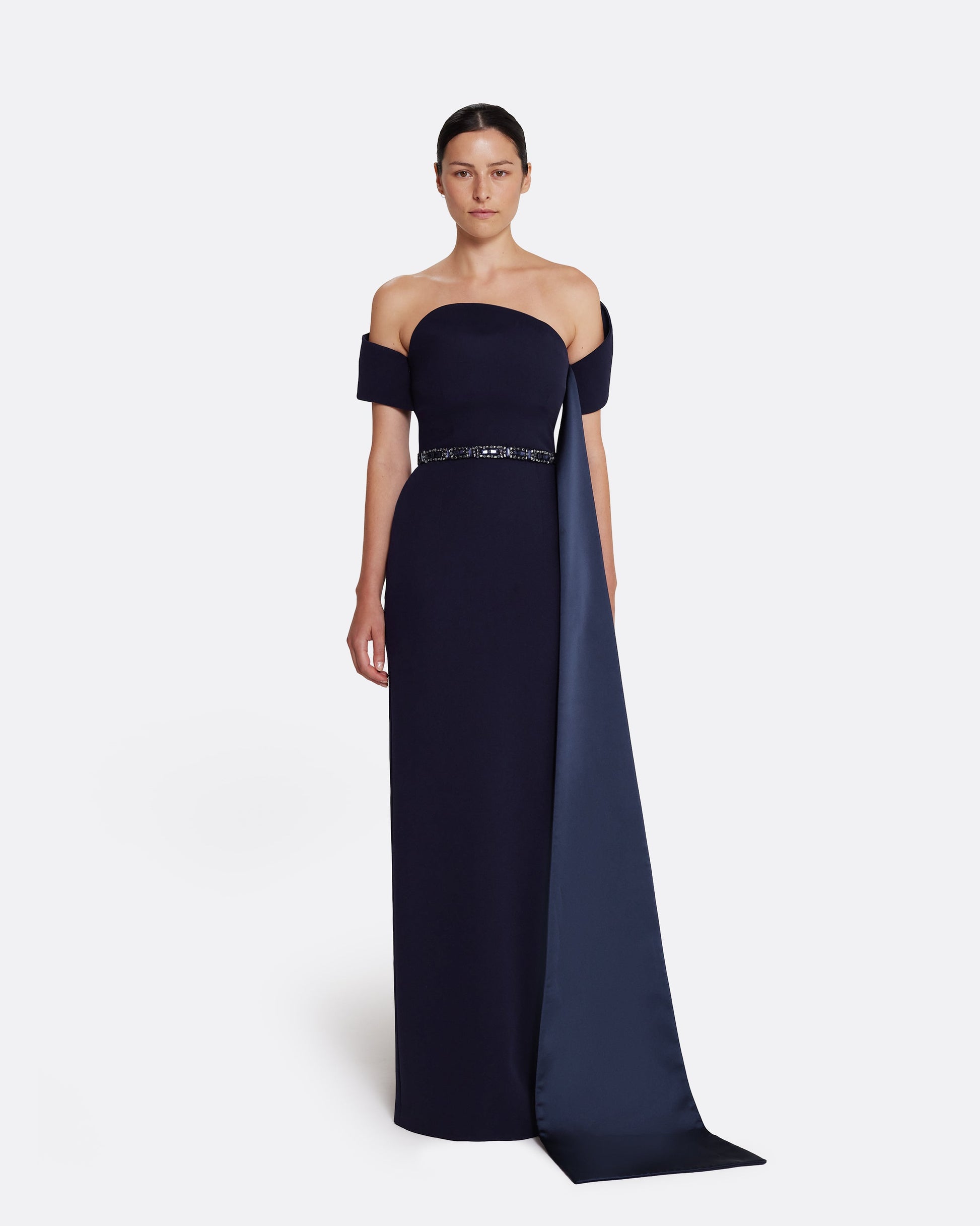 Column gown with asymmetric bustier & sash detail in INK BLUE ON AZURITE W M-BLUES