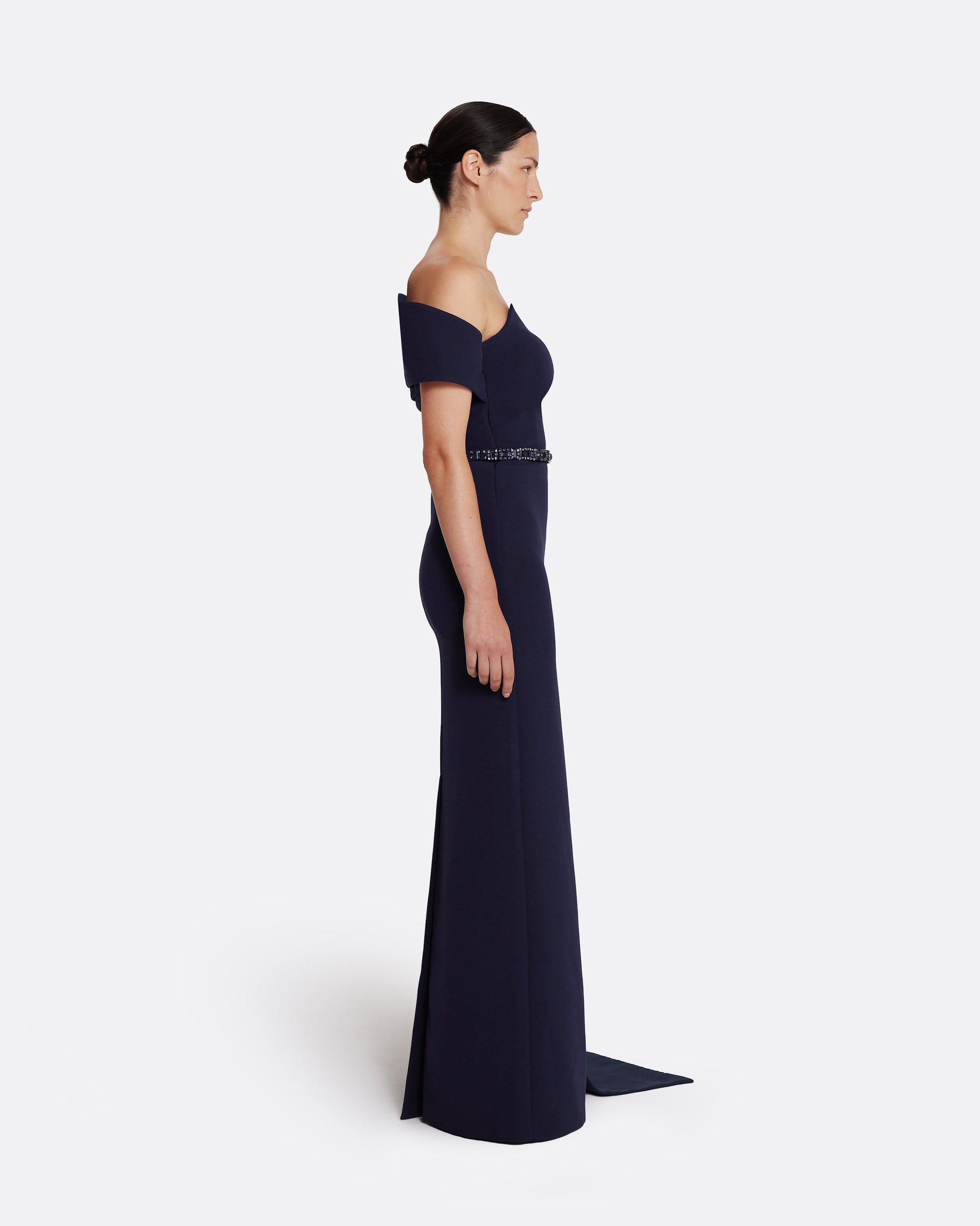Column gown with asymmetric bustier & sash detail in INK BLUE ON AZURITE W M-BLUES