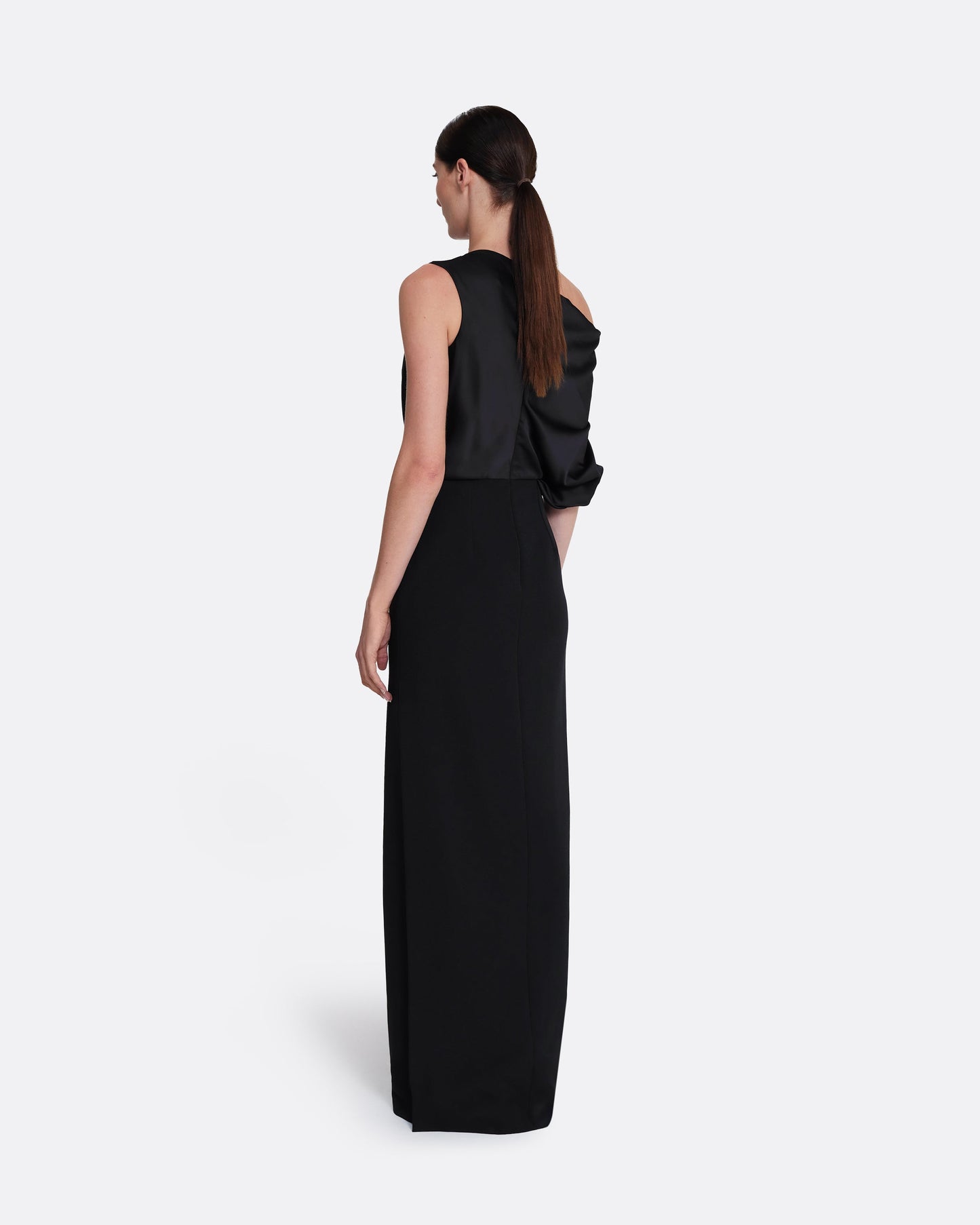 Column gown with asymmetric draped top in BLACK