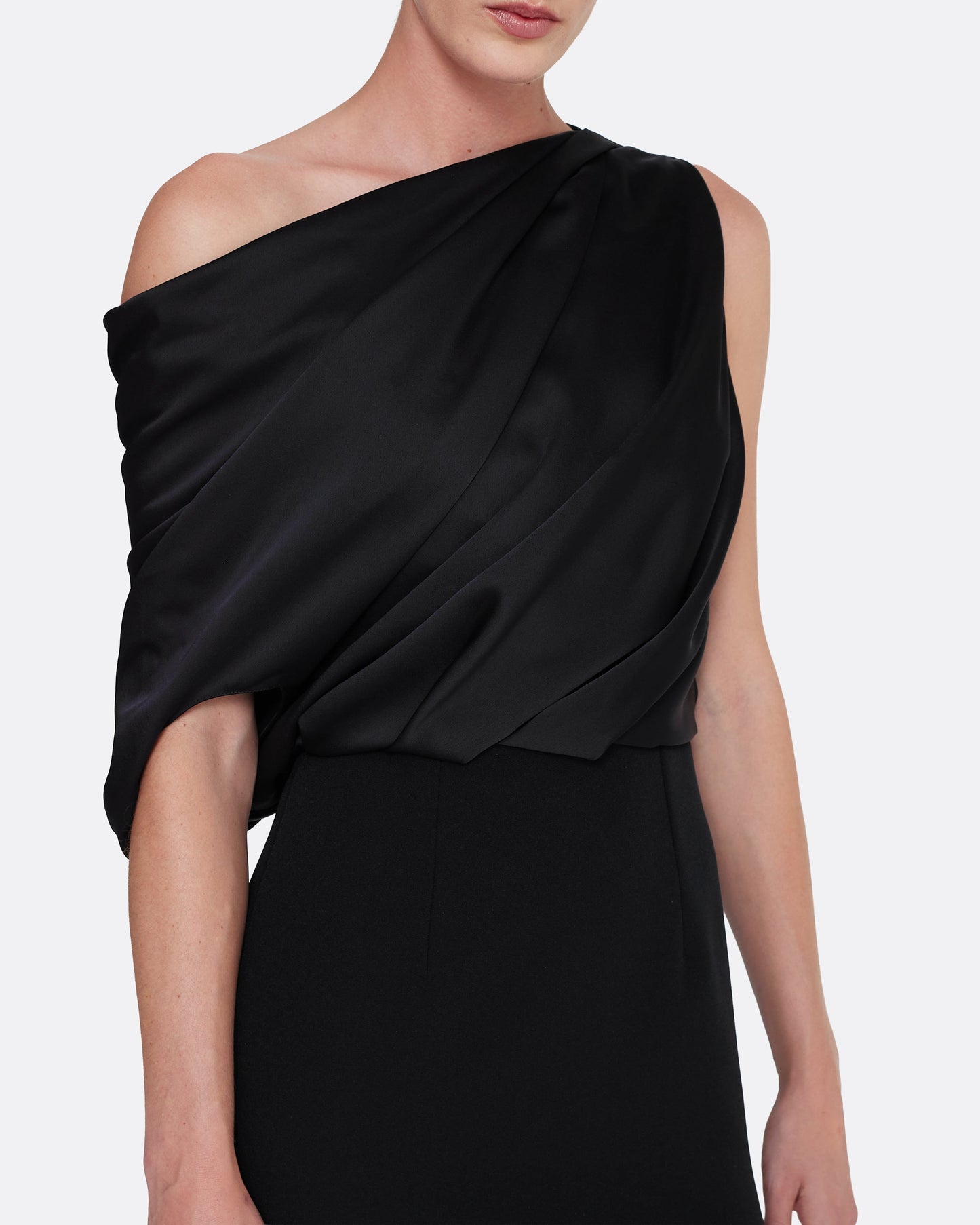 Column gown with asymmetric draped top in BLACK